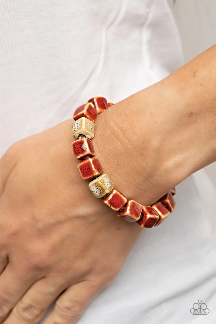 Glaze Craze - Red and Brown Ceramic Cube Stretchy Bracelet