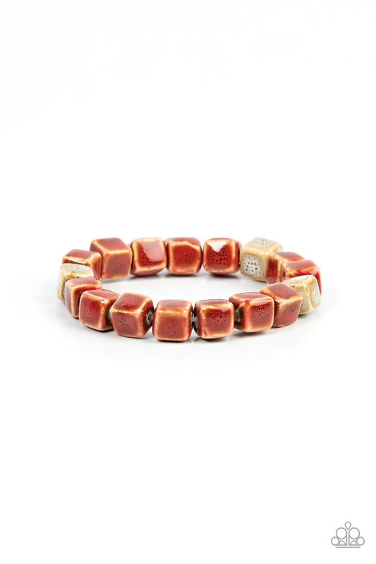 Glaze Craze - Red and Brown Ceramic Cube Stretchy Bracelet